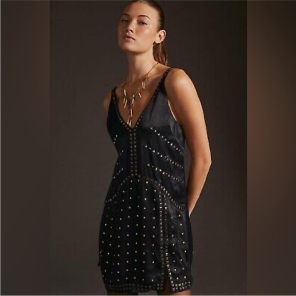 Anthropologie Black Sleeveless Embellished Mini Dress - Picture 3 of 13